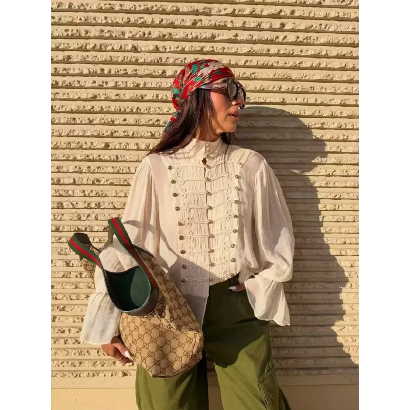 2026 Neue Kollektion Damenkleidung Rüschenbluse Luxuriöse Vintage-Style Hemden Langärmelige Hemden mit Trompetenärmeln Elegantes Abendhemd – Detail 5