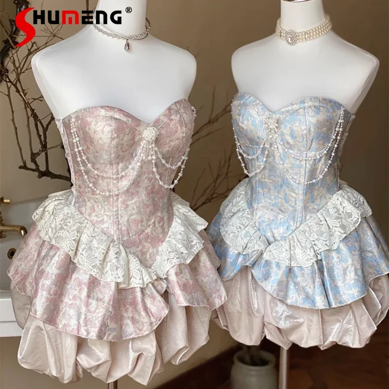 

Japanees Birthday Dress Girls Elegant Retro Lolita Jacquard Strapless Vestidos Pearl Chain Tassel Tube Top Short Party Dresses