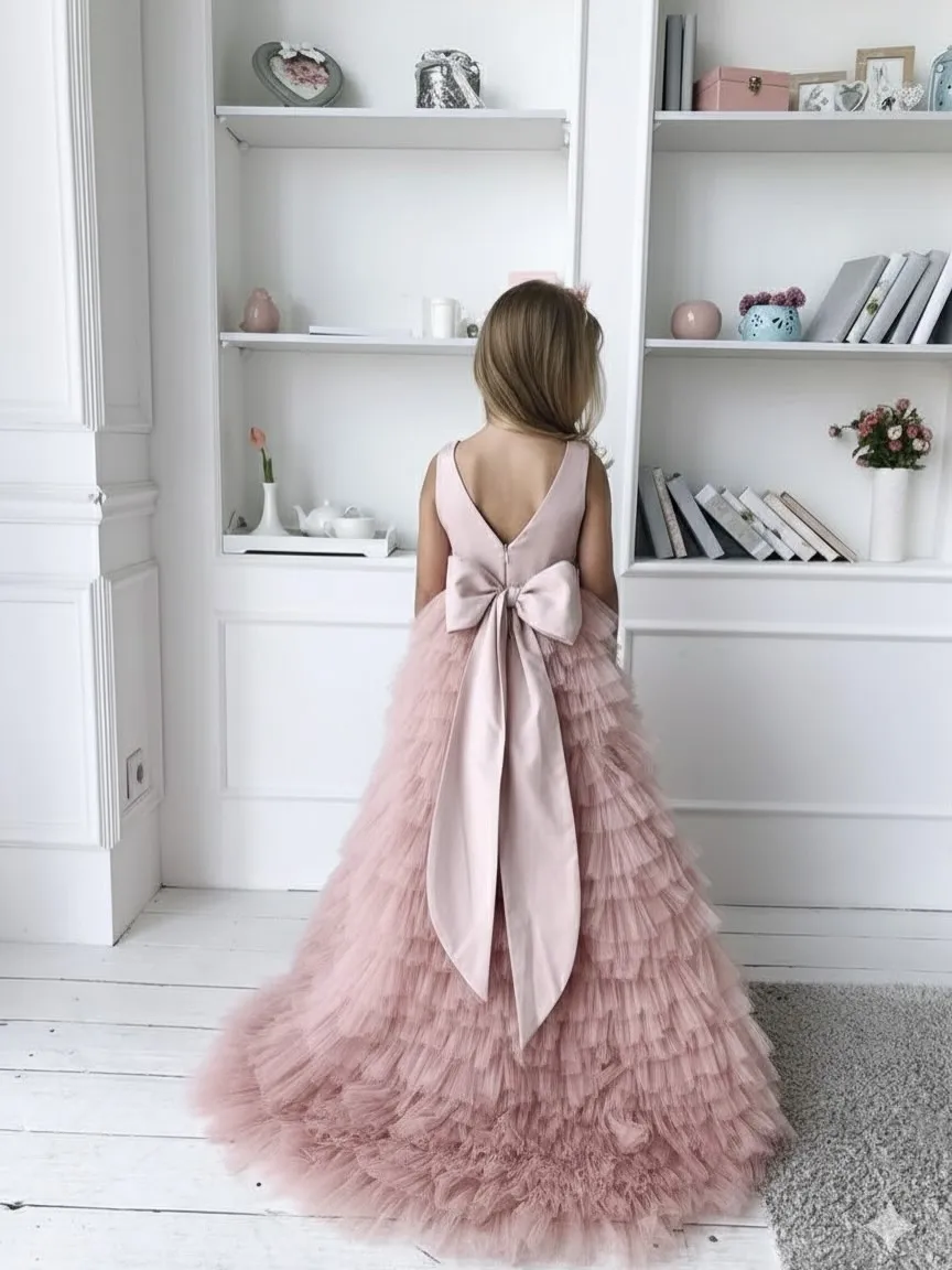 Tiered Tulle Girls Party Dress Long Elegant Flower Girl Dress for Wedding Guest Dress for Juniors Bows Communion Pageant Dresses