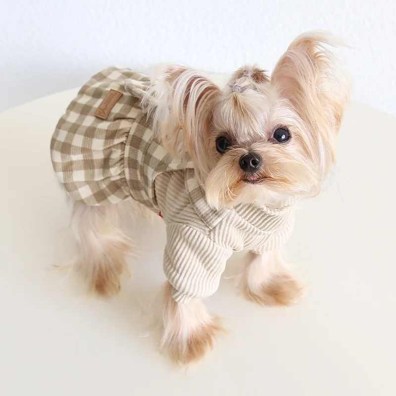 Autumn and Winter Pet Checkered Four Legged Strap Pants Couple Skirts Dog Cat Clothing Dog Pajamas Puppy Clothes Winter