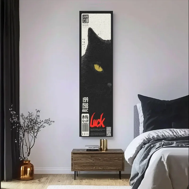 Black Cat with Yellow Eyes Tapestry, Lucky Wealth Attracting Floral Starry Sky Polyester Wall Hanging for Bedroom Dorm Living