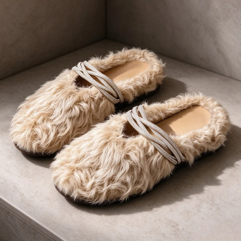 Novel Furry Mule Slippers Women Rhinestone Cross Strap Round-Toe Plush Flats and Loafers Street-Style Winter Warm Designer Shoes