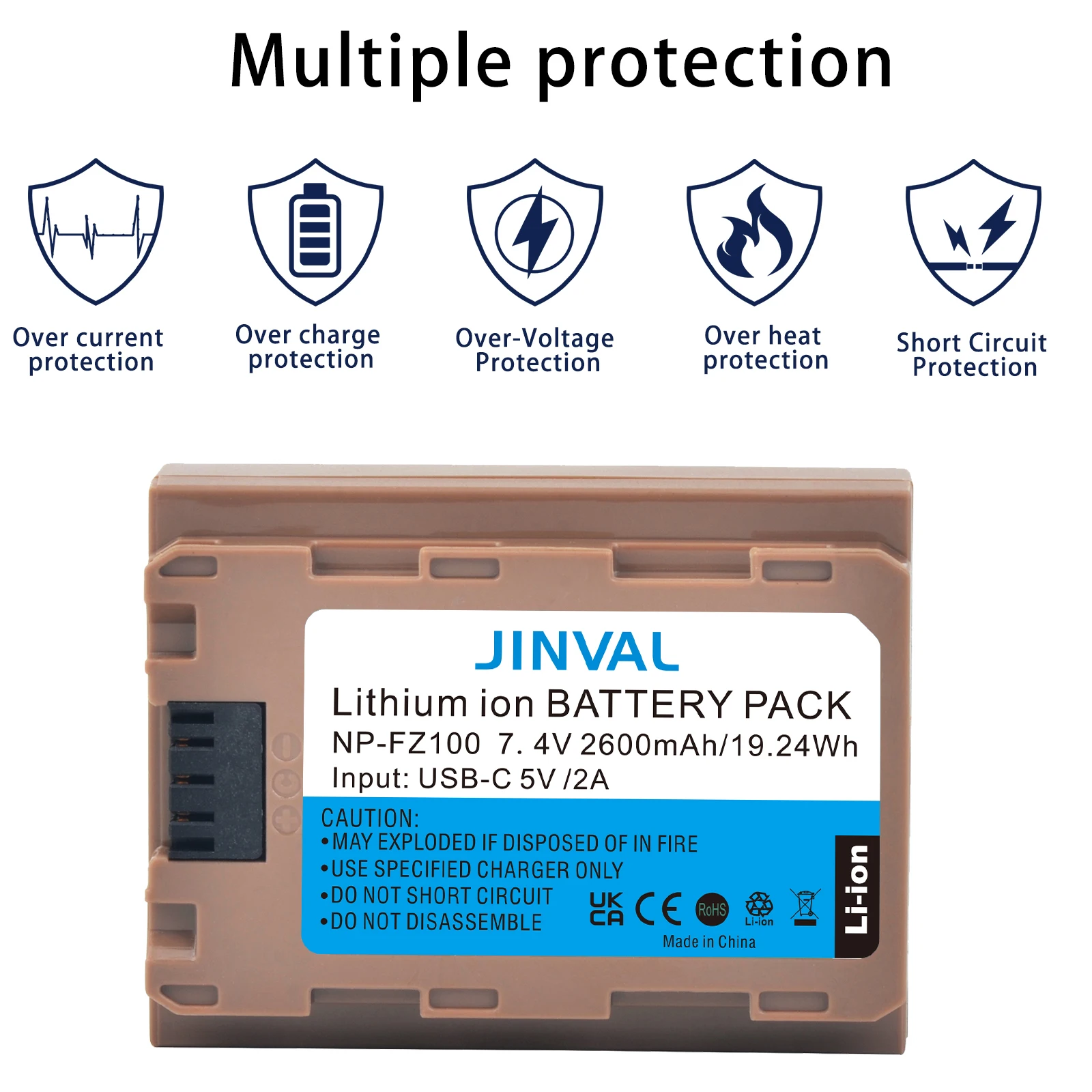 JINVAL NP-FZ100 Battery USB-C Input 2600mAh NPFZ100 Batteries For Sony A7IV A7C A7CII A7CR A7S3 FX3 A6700 A6600 Camera