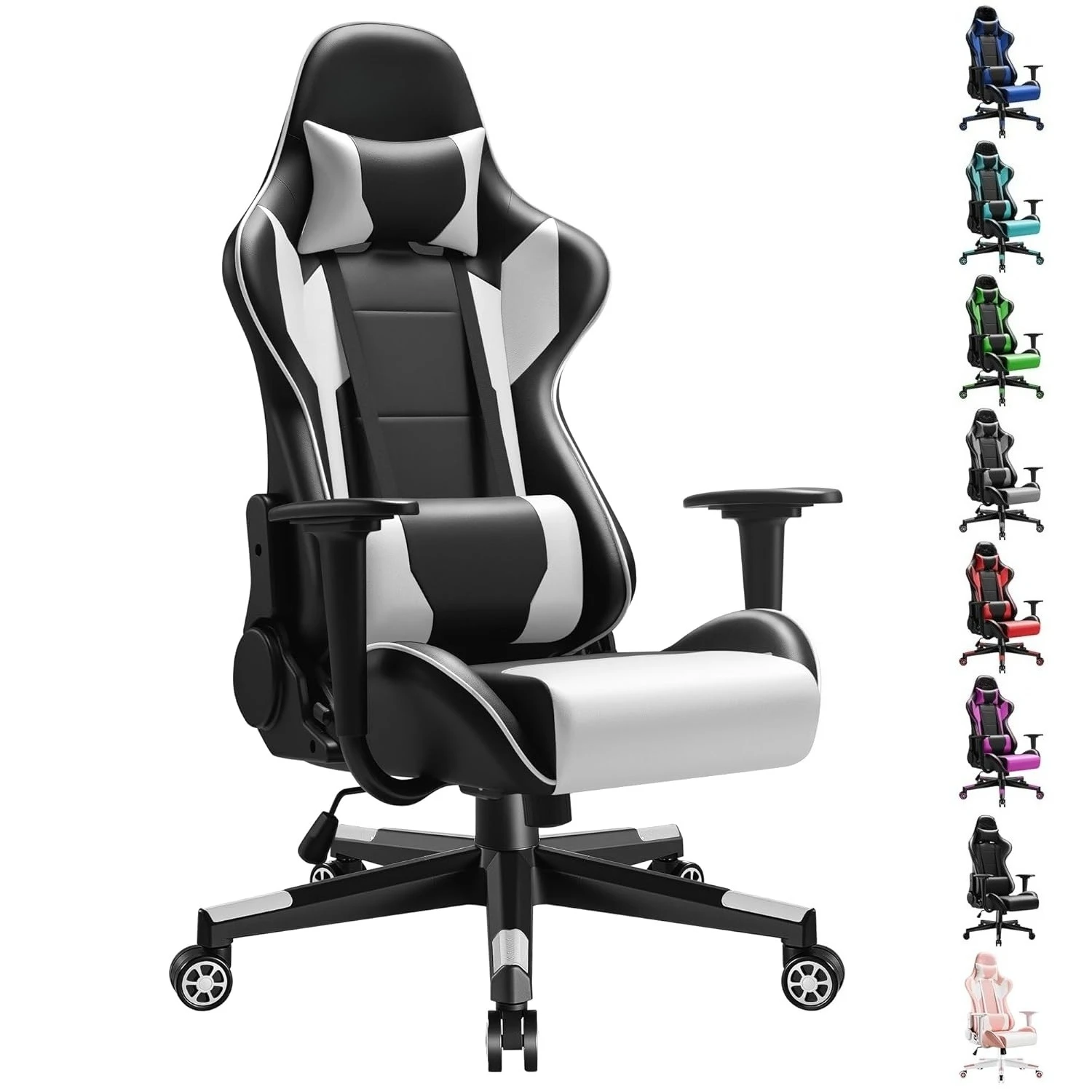 

Ergonomic High-Back PU Leather Gaming Office Chair Adjustable Swivel with Headrest & Lumbar Support White, Customized