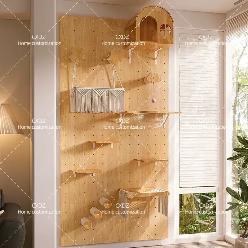 Wall Mounted Solid Wood Cat Climbing Frame with Hole Board Jumping Platform Scratching Post Space Capsule Cat Nest and Ladder