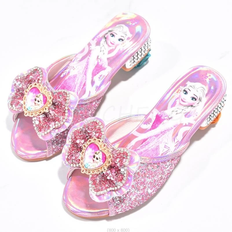 Sequined Princesse Children Girls Summer Sandals Slipper Frozen Elsa High Heel Party Dress Shoes Leather Slipper For Kids Slides