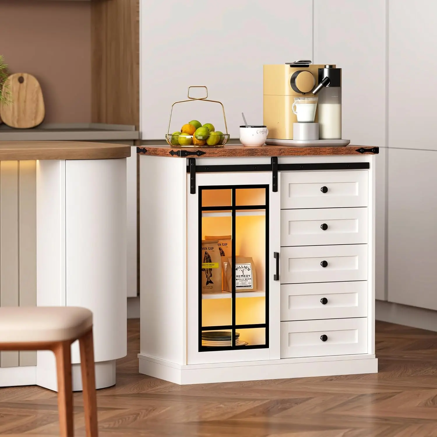 Sogesfurniture Sideboard Buffet Kitchen Storage Cabinet With Sliding Door And 5 Drawers, Buffet Table Coffee Bar Wine Bar