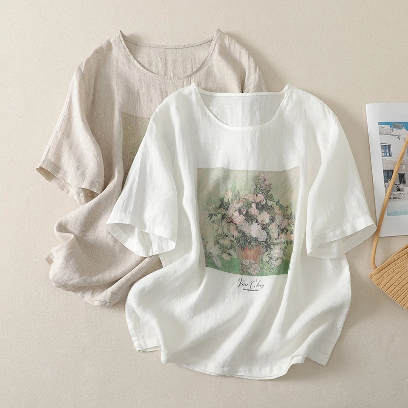 

Summer 2026 Women's Cotton Linen Print Base Shirt Short Sleeve Overhead round Neck T-Shirt plus Size Slimming Top Commute Style