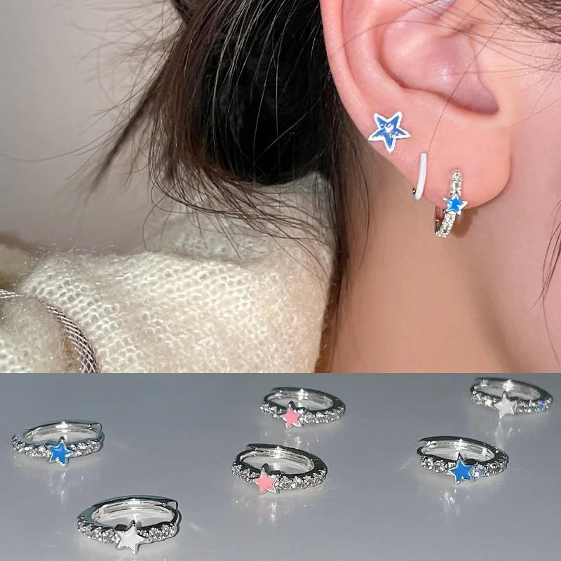 Fashion Colorful Oil Dropping Star Hoop Earrings for Women Aesthetic Zircon Crystal Ear Buckle Huggies Statement Jewelry Gift