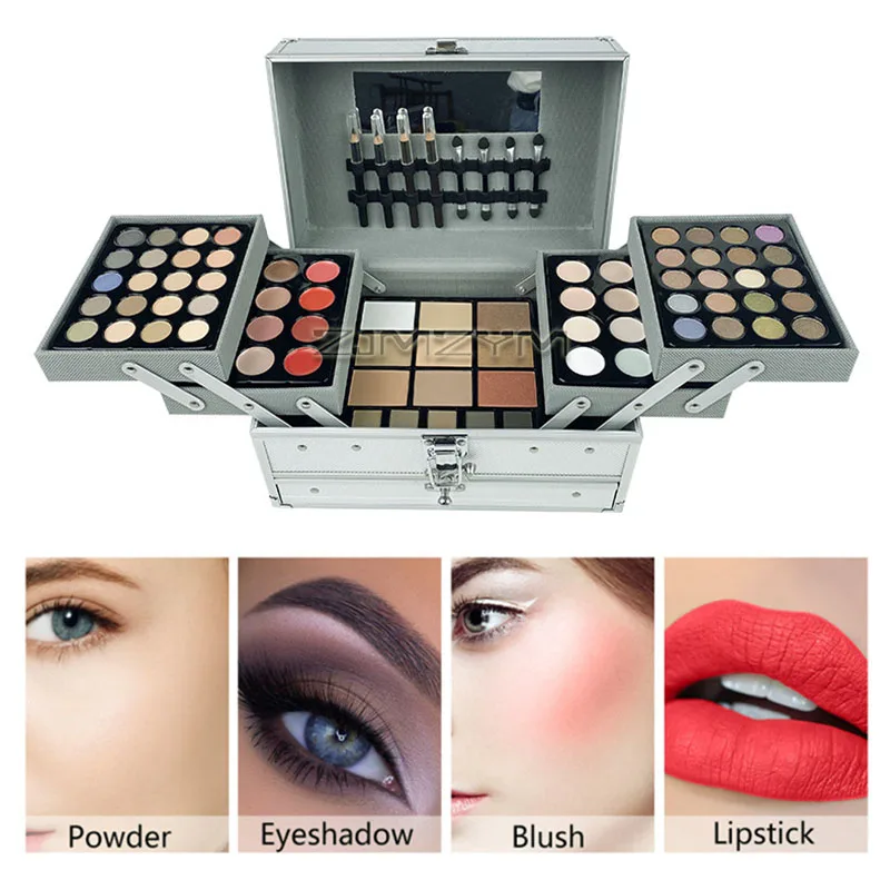 All in One Makeup Kit Portable Aluminum Storage Case Full Cosmetic Set with Eyeshadow Lipstick Blush Concealer