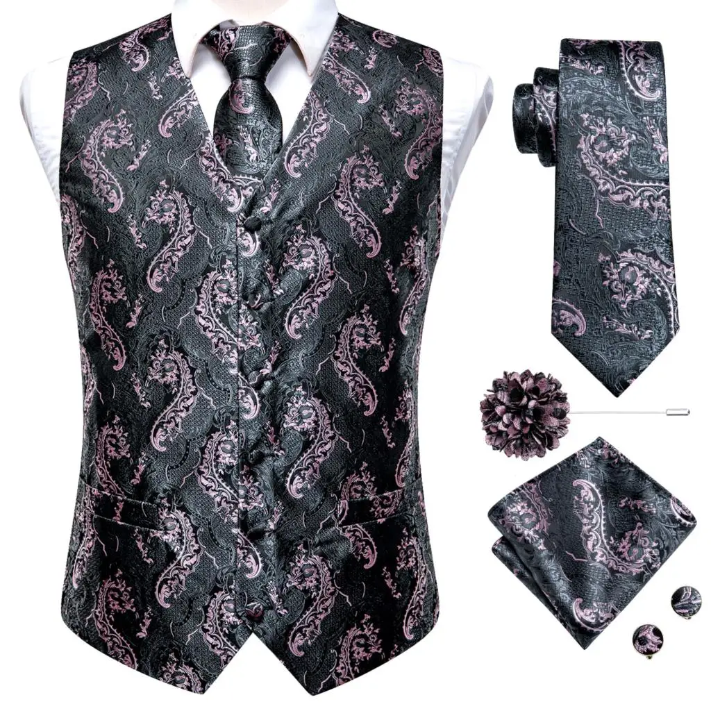 Hi-Tie High Quality Silk Mens Vests Pink Gray Floral Waistcoat Tie Hanky Cufflinks Brooch Set for Men Suit Wedding Office Gift