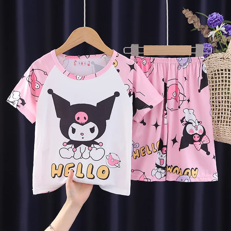 Kuromi-Conjunto de pijama Sanrio para niños, ropa de dormir a la moda, camisón de bebé de dibujos animados, camiseta + Pantalones cortos, regalo