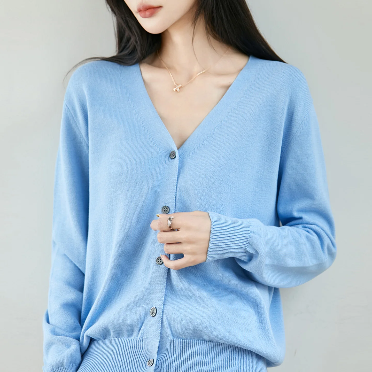 Autumn and winter 100% pure cotton women's cardigan casual knitted sweater long sleeved loose V-neck top single breasted shirt