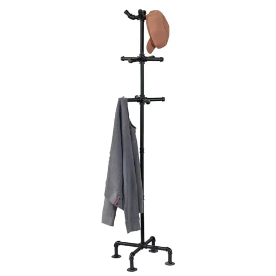 Entryway coat rack stand with industrial pipe design, black metal, 12-hook capacity for coats, hats, bags, scarvesdurable, spac