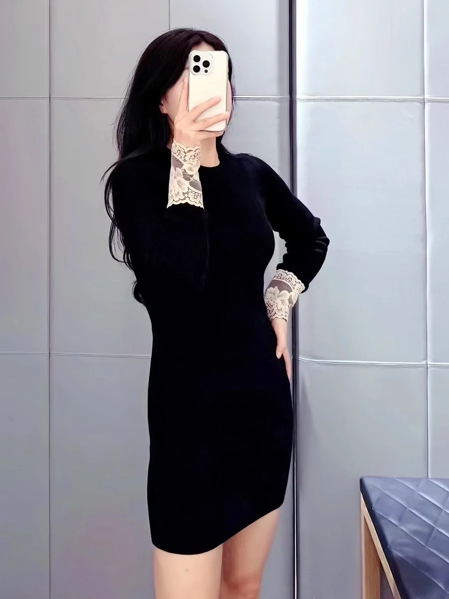 

Sexy Bodycon Wool Short Dress O Neck Patchwork Lace Knitted Dress Fashion Ladies Cashmere Black Dress