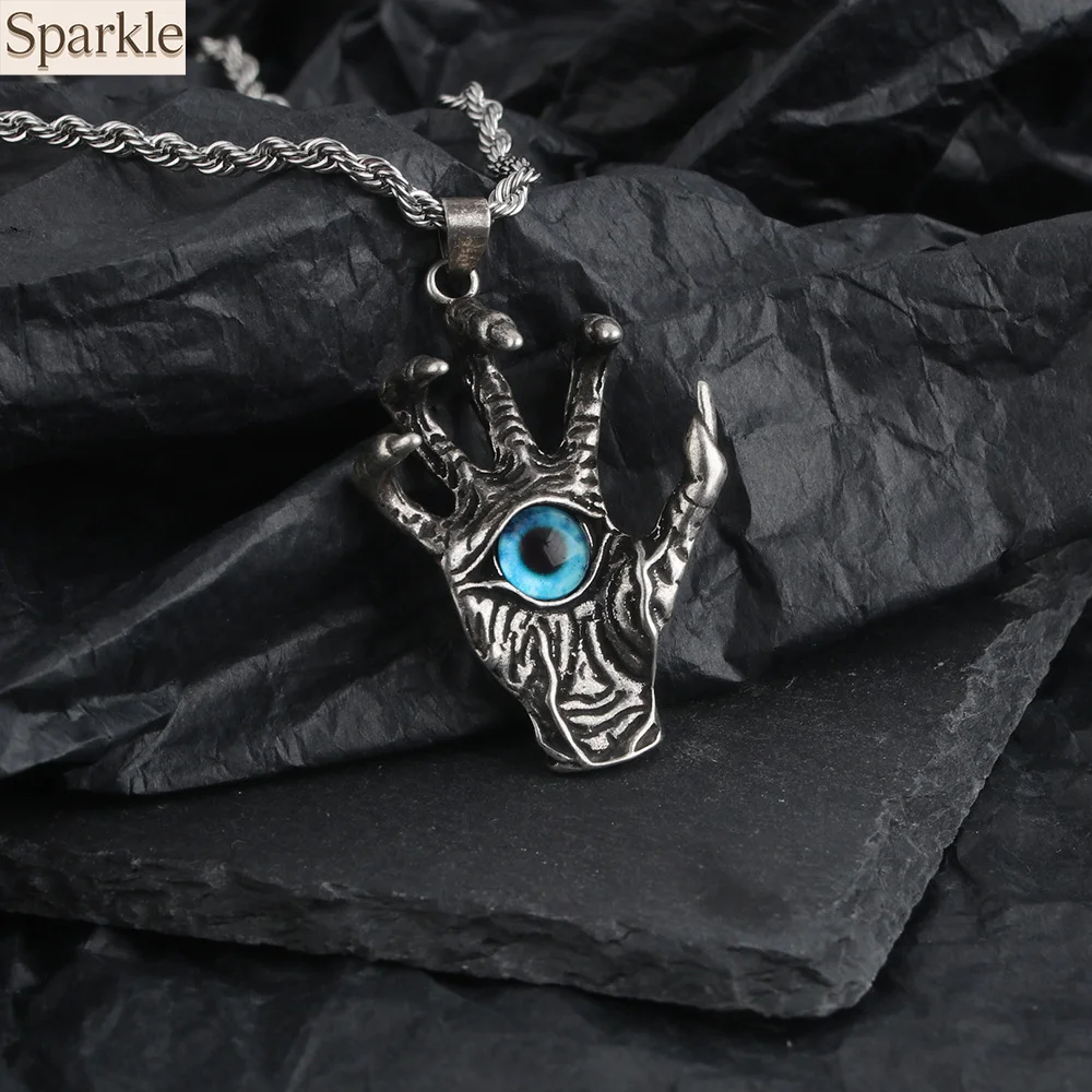 

Retro Devil's Eye Dragon Claw Pendant Necklace HipHop Skull hand Blue Eye Collarbone Chain Fashion Punk Gothic Neck Jewelry Gift