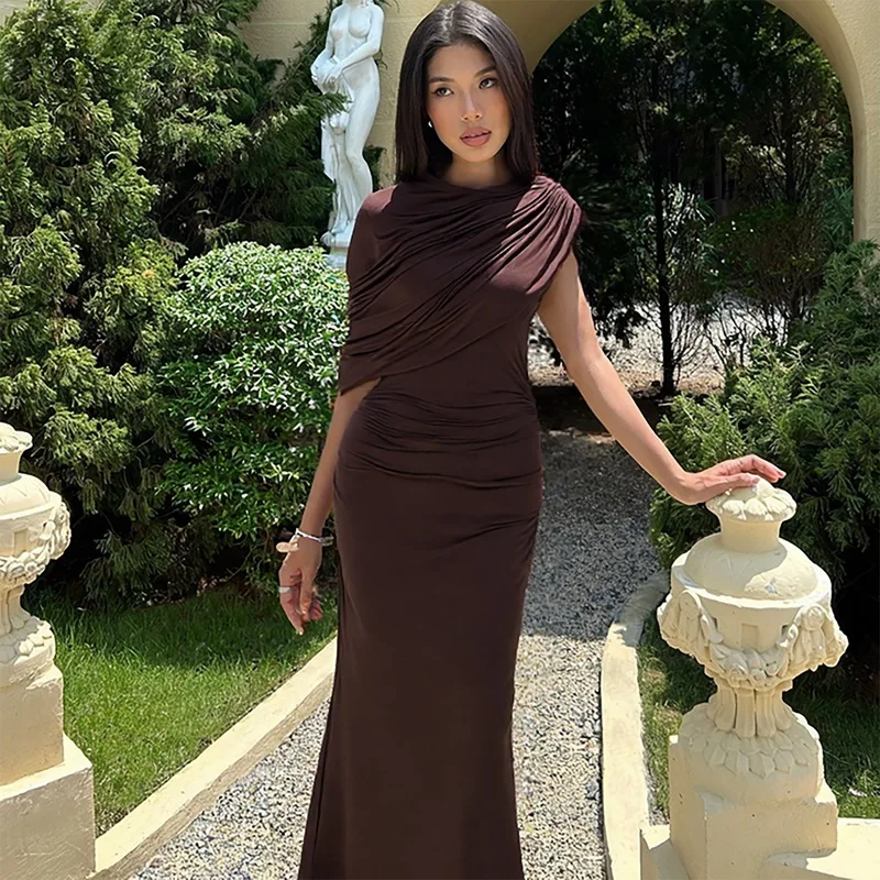 

French Style Terracotta Draped Gown Asymmetric Shoulder Evening Dress Elegant Bodycon Maxi Dress for Garden Party