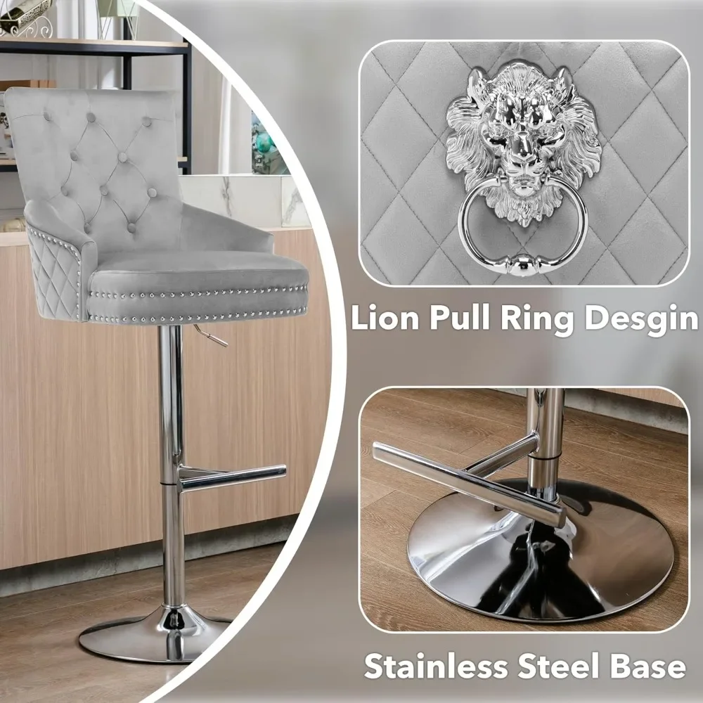Velvet Swivel Bar Stools Set of 2, Upholstered Bar Stool Chair with Button Tufted Back and Pull Ring, Height Adjustable Swivel image 4