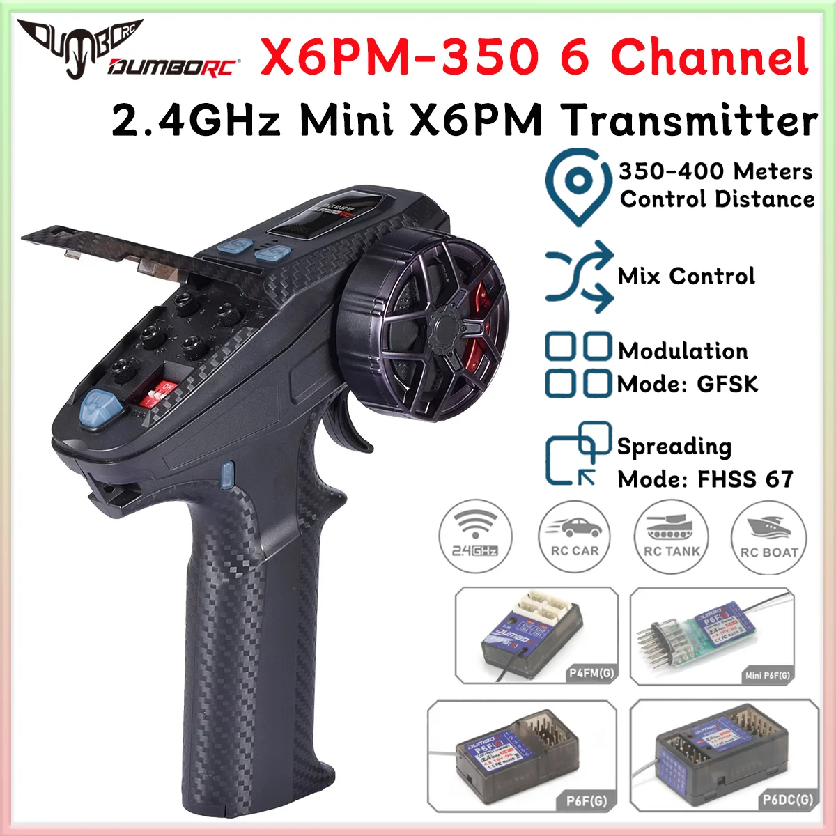 DUMBORC X6PM-350 التحكم عن بعد 6CH 2.4G جهاز إرسال صغير P4FMG/P6FG/P6DCG نظام إضاءة استقبال الدوران لعبة خزان قارب السيارة RC #1