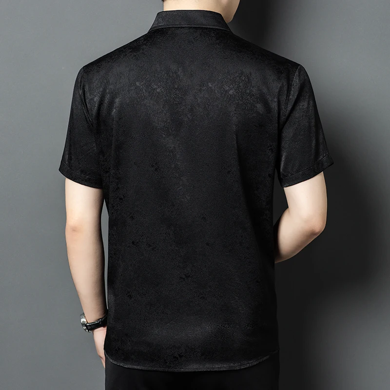 Jacquard Elastic Silk Spandex Shirts For Men Short Sleeve Casual Summer Quality Coolness Anti-Wrinkle Handsome Camisas De Hombre