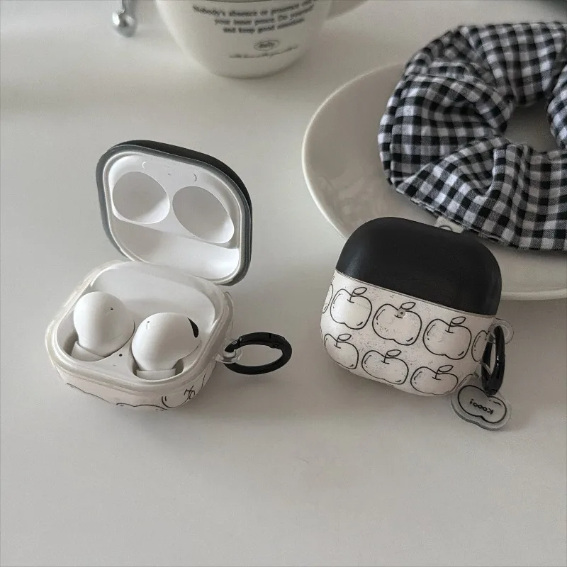 For Samsung Galaxy Buds 4 Pro 3 FE 2 Live Core Case Ins Stylish Black Line Apple Pattern Matte Lid Earphone Cover with Pendant