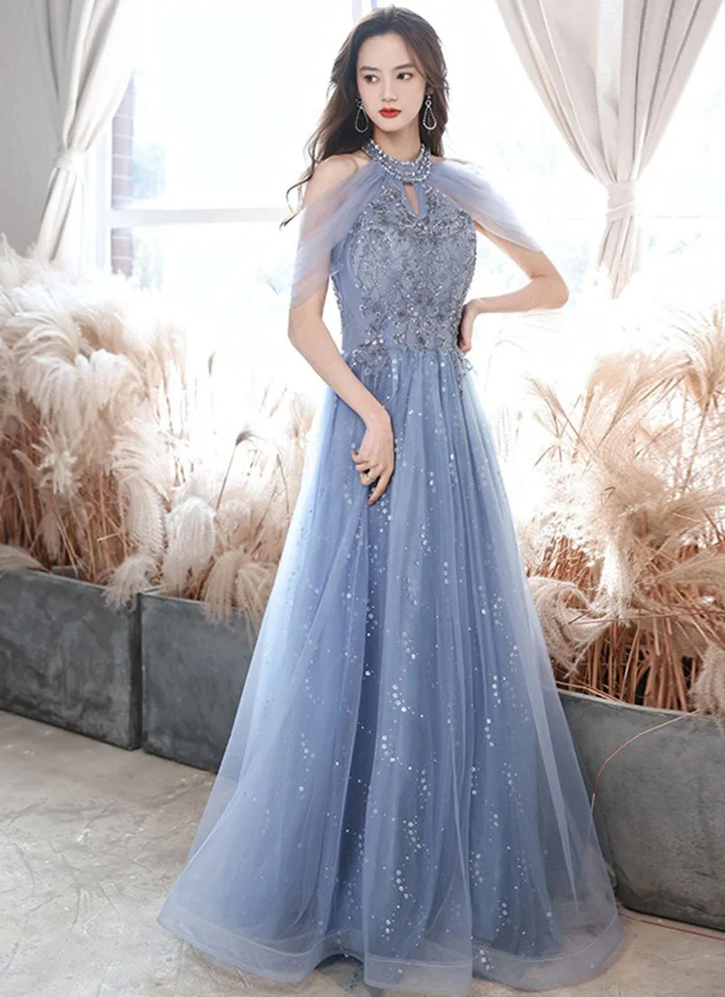 DongCMY Vestidos De Fiestas Elegantes Mujer De Noche Evening Dress Women New Elegant Temperament Banquet Blue Long Party Dress