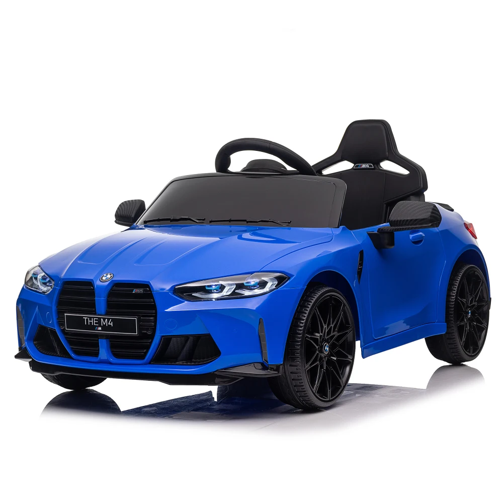 BMW M4 12v Coche de juguete para niños: control remoto para padres 2,4G, 3 velocidades, pantalla de alimentación, USB/MP3/Bluetooth, LED, fábrica, asa de transporte + ruedas