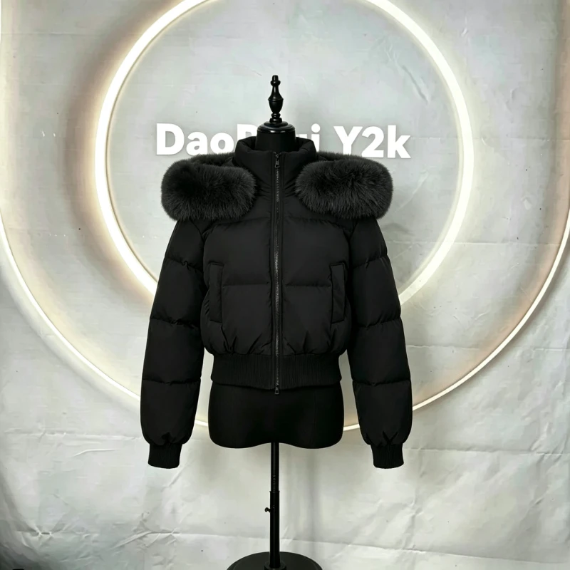 Y2k Vintage Long Sleeve Parkas Hooded Faux Fur Collar Patchwork Women Casual American Short Jacket Solid Autumn Winter 2026