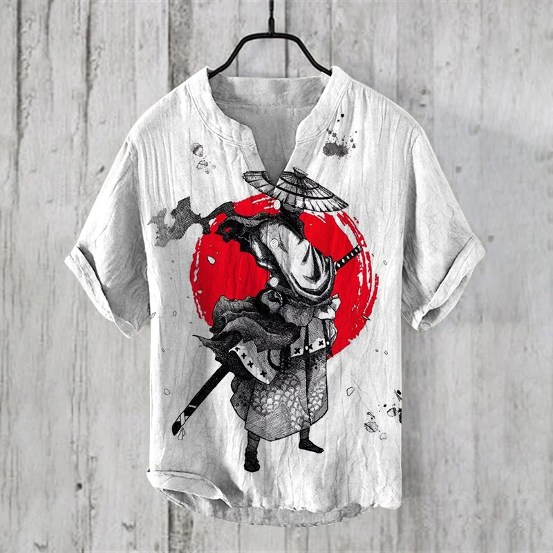 

Men's T-shirt Casual Fashion Vintage Distressed Linen Breathable Men's Shirt Men's Art Illustration Print Fashion V Neck Henry