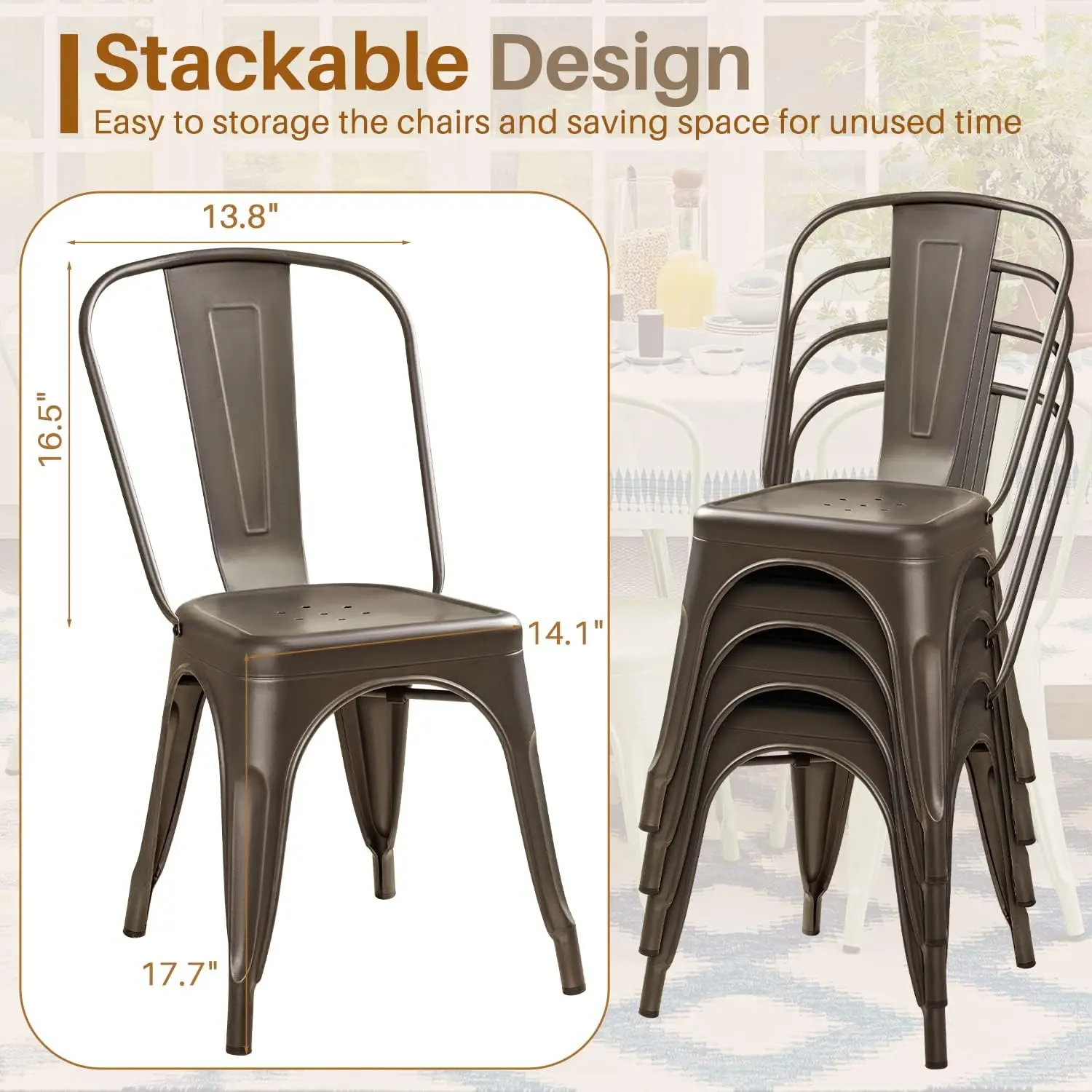 Silla de comedor de Metal para uso en interiores y exteriores, sillón de Trattoria clásico apilable, elegante, Bistro, cafetería, Juego de 4 (pistola)