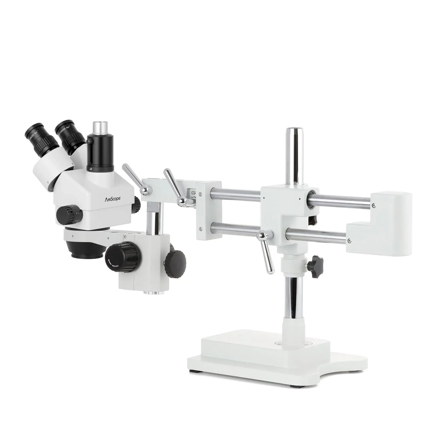 AmScope SM-4T Serie Zoom-Trinokular-Stereomikroskop auf Doppelarm-Stativ