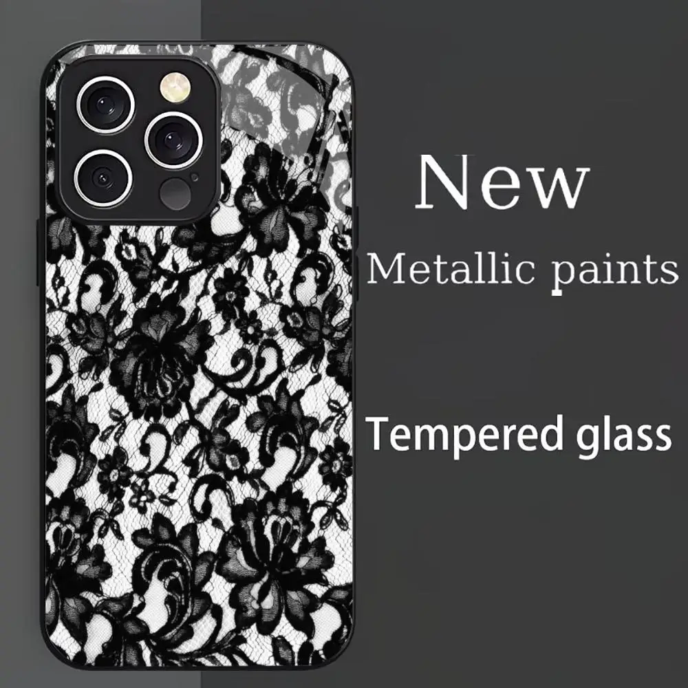 

Trendy Black & White Lace phone case mobile phones for iphone 17 pro max cover Glass for iPhone 17、16、15、14、13、12、11pm Pro Plus
