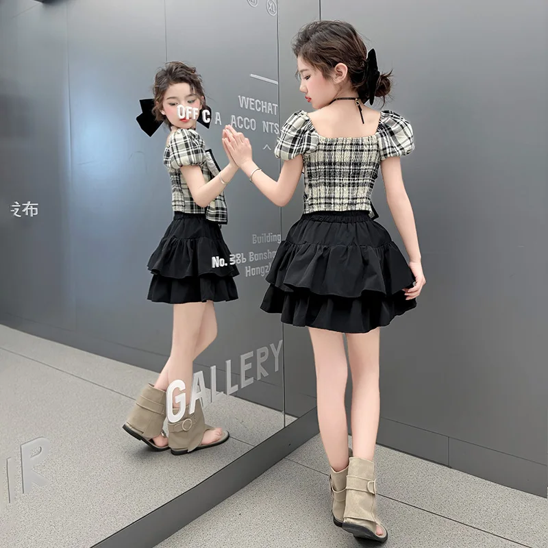 2025 New Bow Children's Set Dress Skirt Street Girls' Fashion Princess Skirt Square Collar Short Sleeve Party Dress Short Skirt