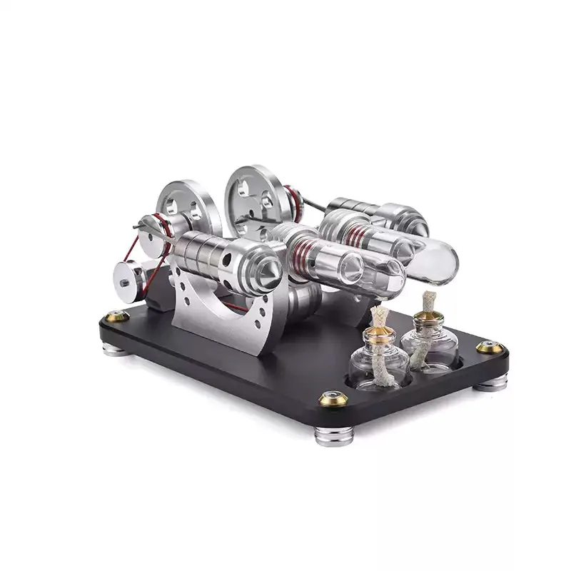 2 Cylinder Stirling Engine Generator Model STEM Toy, Physics Experiment Model with Voltage Meter & LED Light