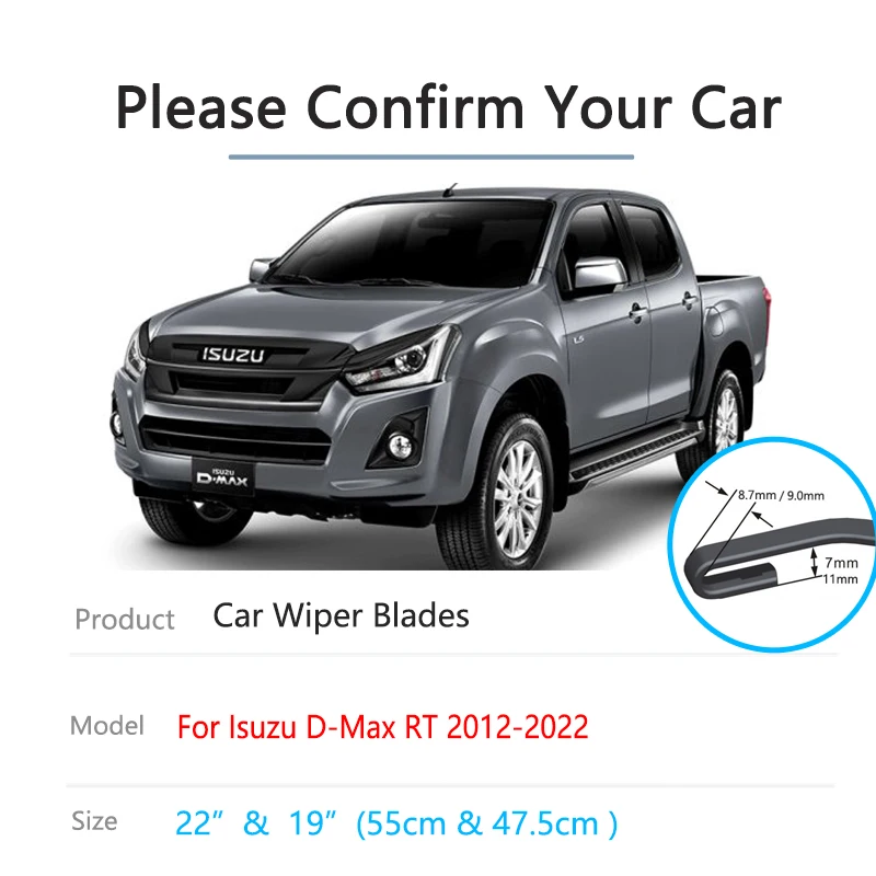 For Isuzu Chevrolet D-Max RT50 85 KB 2012~2022 Rubber Strip Refill Boneless Frameless Wiper Blades Car Accessories U J Hook Arm