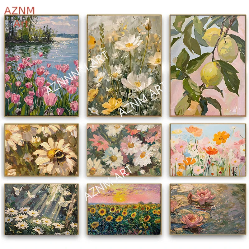 Frühling Akademie Wind Pflanze Blumen Gänseblümchen Tulpe Schmetterling Bienen Retro Poster Drucke Leinwand Gemälde Wand Kunst Bilder Wohnkultur