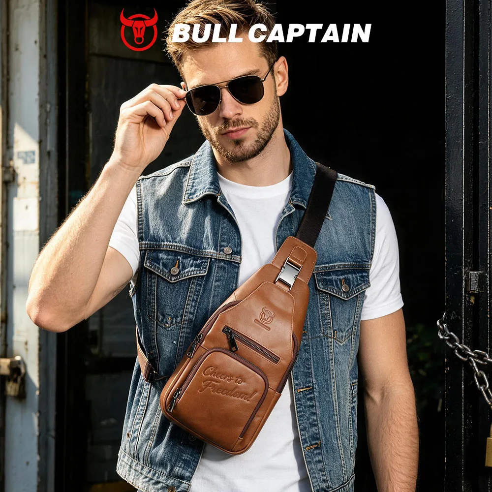 BULLCAPTAIN Genuine Leather Chest Bag Casual Triangle Crossbody Design Travel Shoulder Backpack Men Leather Multifunctional Bag view 2