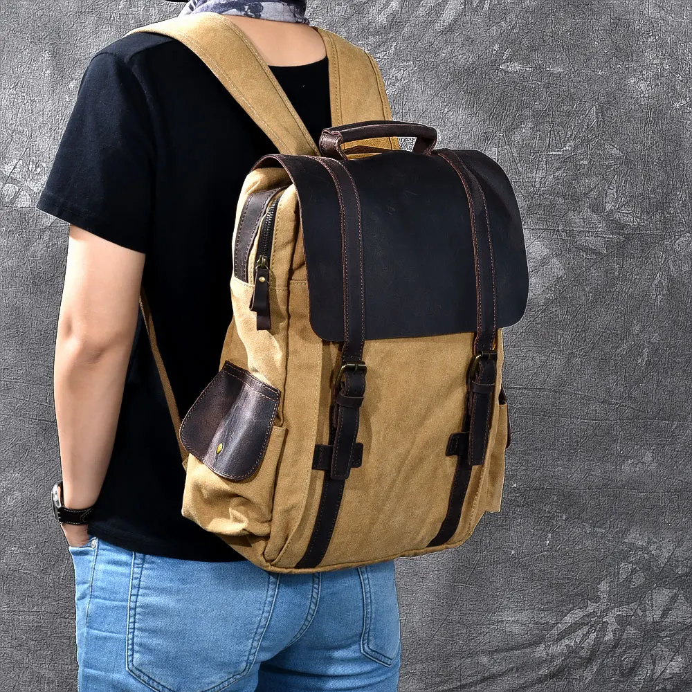 

Vintage Military Canvas Backpack for Men Women Crazy Horse Leather Rucksack Large School Backpack Man Shoulder Bag Satchel