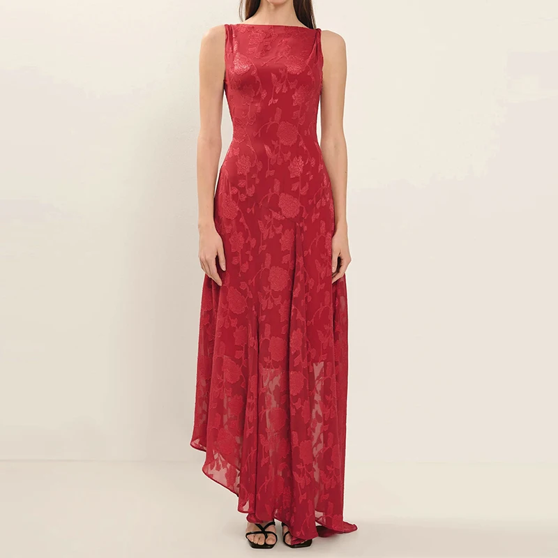 

Casual O-neck Sleeveless Slim Party Dress Lady Sexy Backless Hollow Tie-Up Long Dress 2025 Elegant Lace Jacquard Irregular Dress