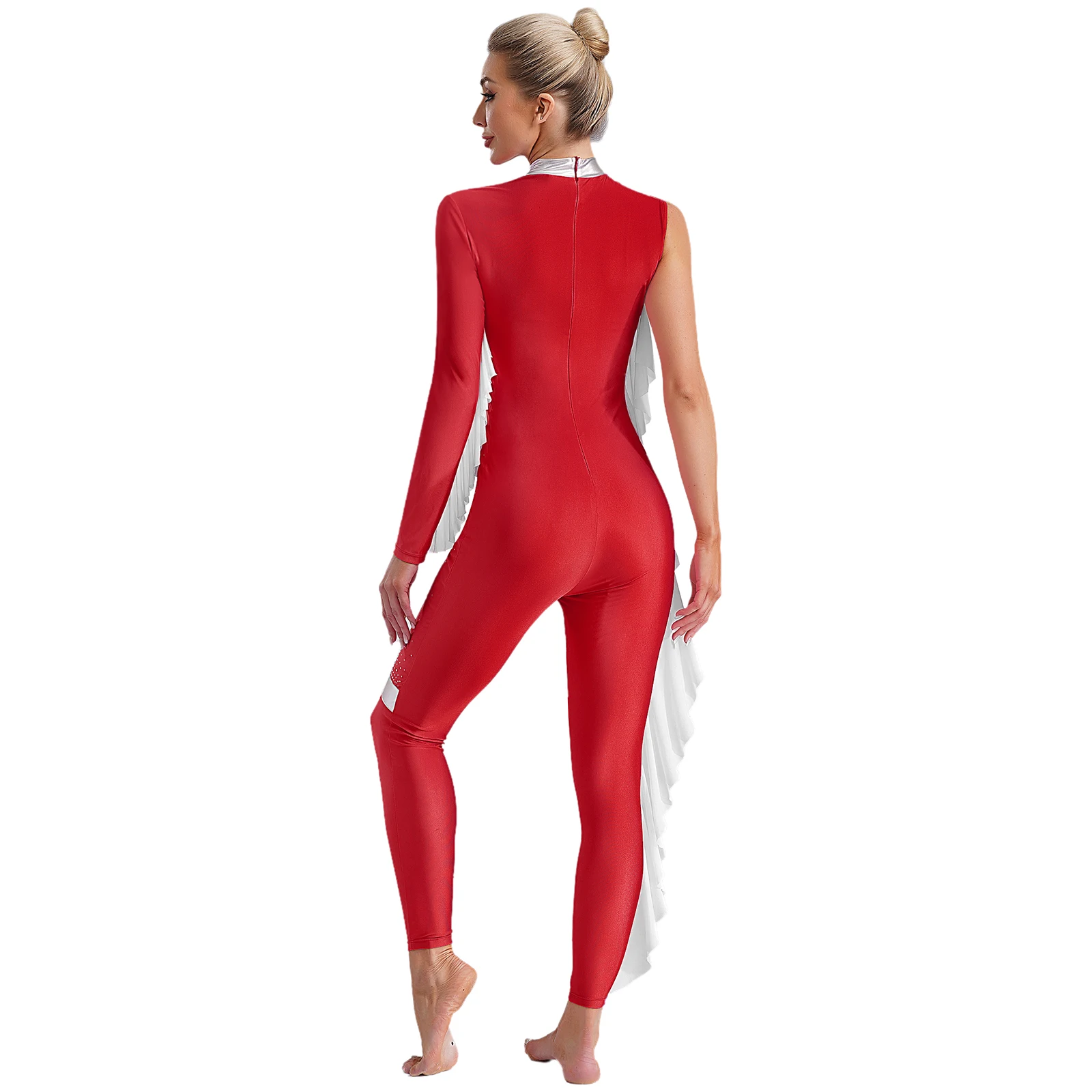 Color Block Ruffles Ballet Full Body Unitards Dance Wear Costume Adult Long Sleeve Figure Skating Gymnastic One Piece Jumpsuit