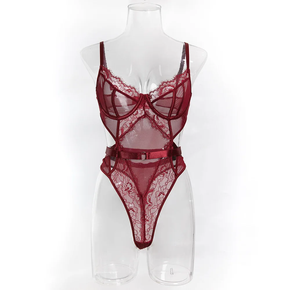 

Sexy Pure Desire Wind Wine Red Lace Jumpsuit Women's Hollowed Out Body Shaping Lingerie with Gloves Female See Through Underwear