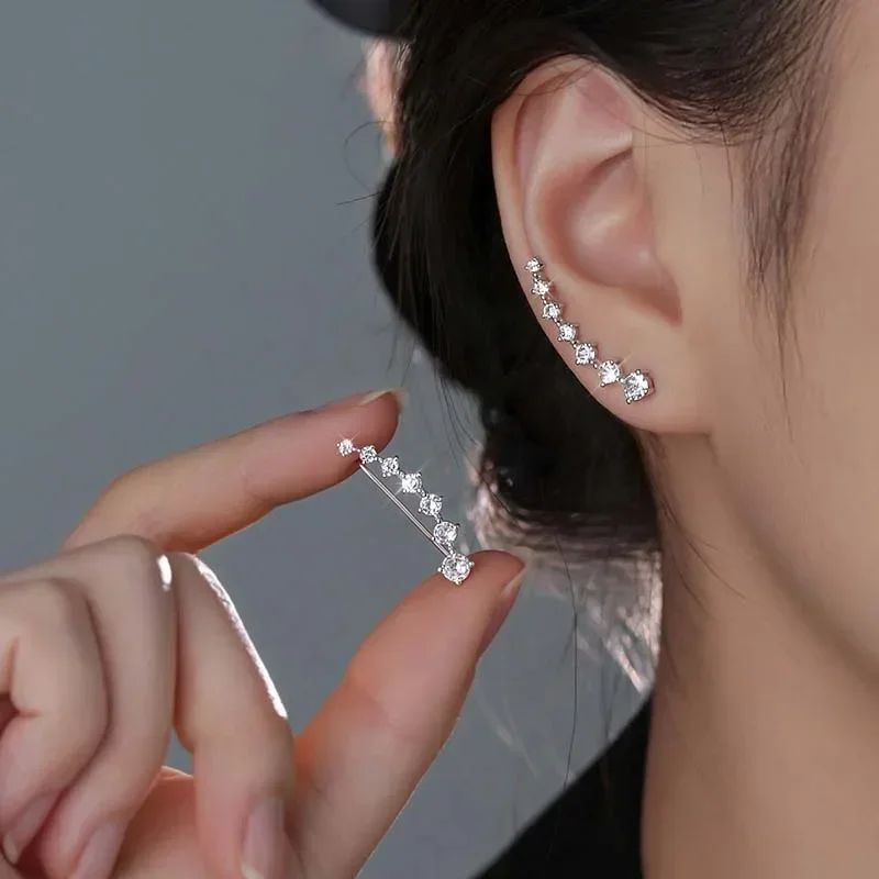 Pendientes con forma de U de estrella de Color plateado a la moda para mujeres y niñas, exquisitos pendientes trepadores de circón brillante, joyería, regalo al por mayor