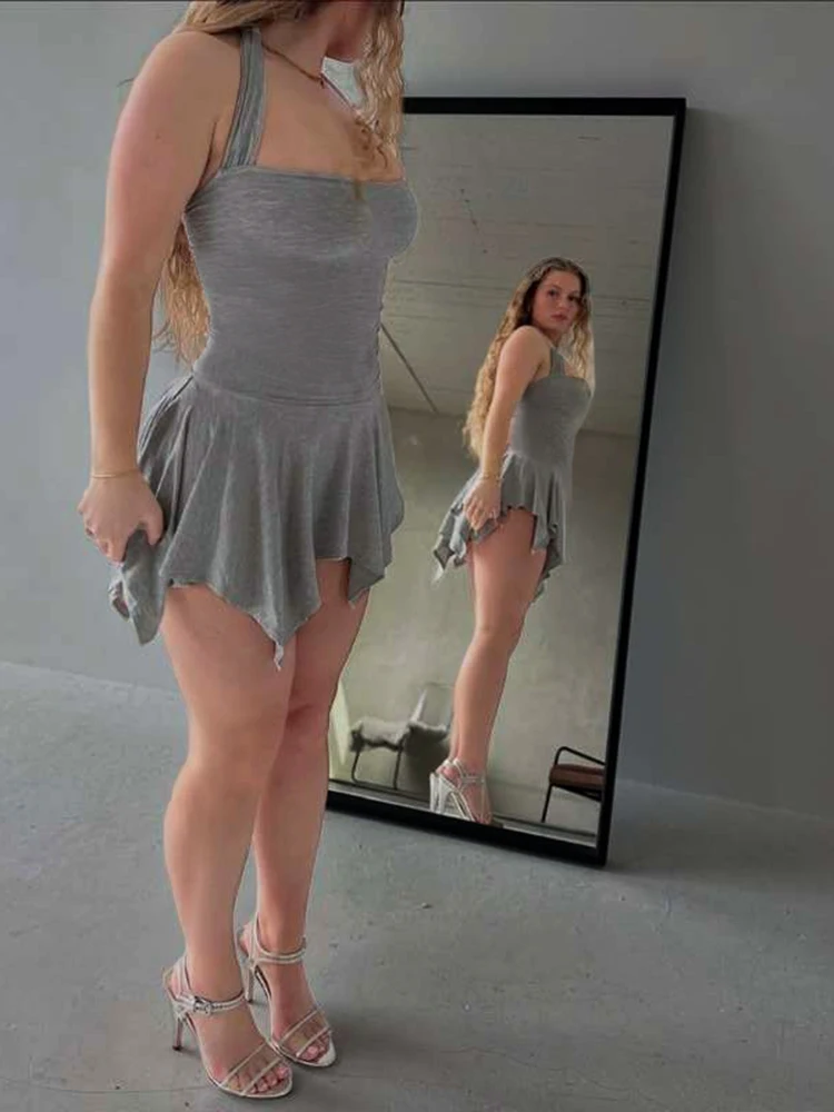 

Cutenew Women's A-line Mini Dress Classic Solid Irregular Draped Backless Body-shaping Vestidos Female Simple Daily Streetwear