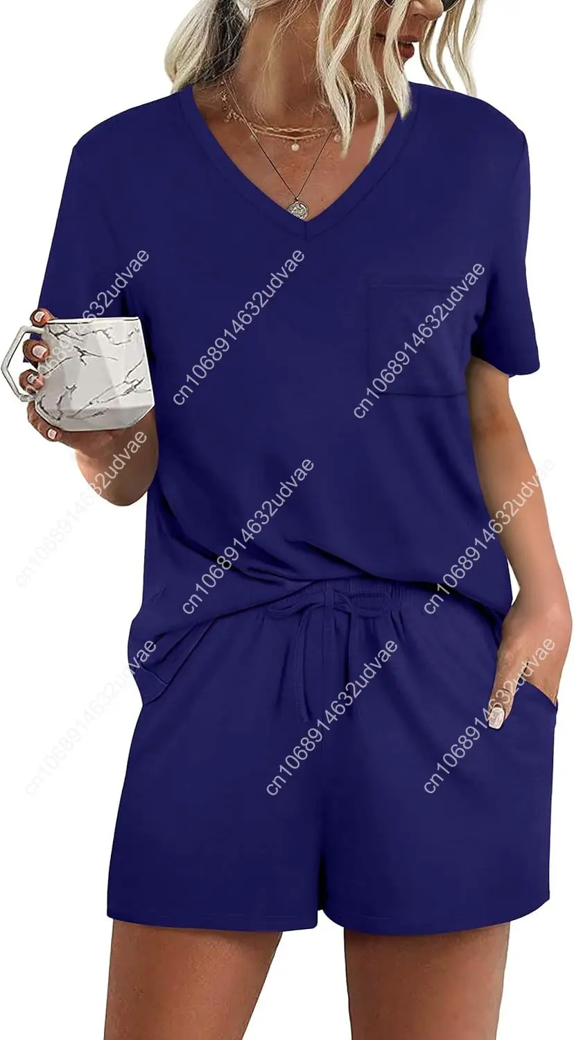 RUBZOOF Conjuntos de pijama de manga corta para mujer con bolsillos Conjuntos de salón de 2 piezas con cuello en V informal S-3XL