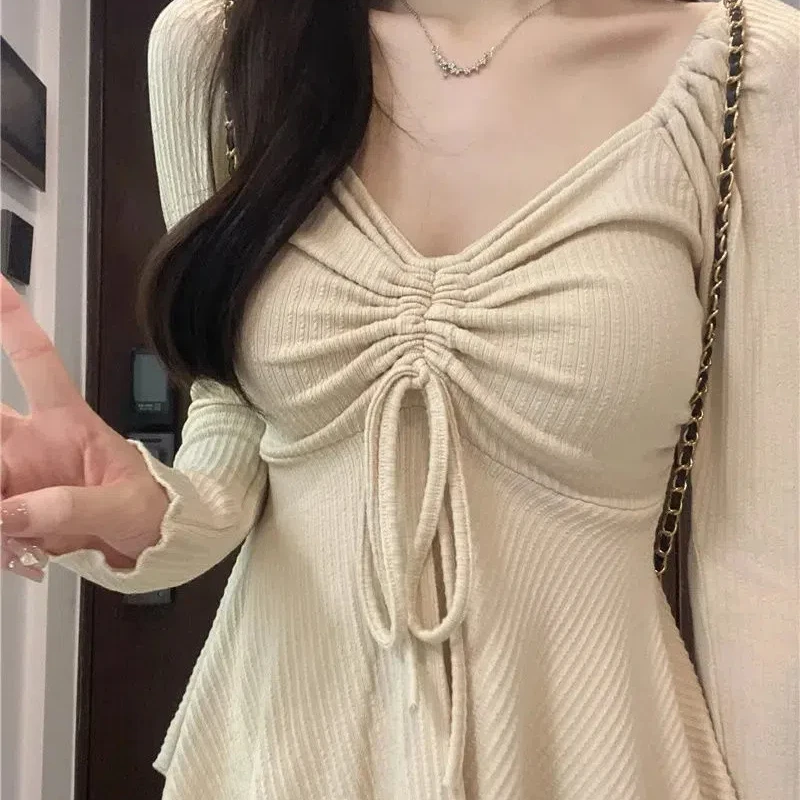 Gentle Drawstring V-neck Bottoming Shirt That Covers Belly and Exposes Clavicle Long-sleeved T-shirt Top for Women