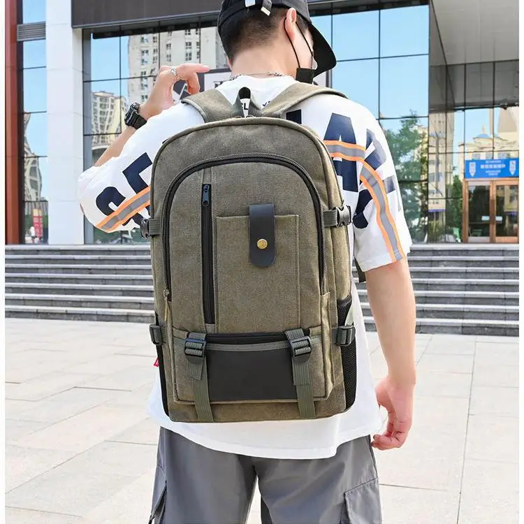 Men's Large Capacity Canvas Backpack Durable Double Shoulder Travel Bag Simple Bookbag Construction Site Wear Resistant Bag