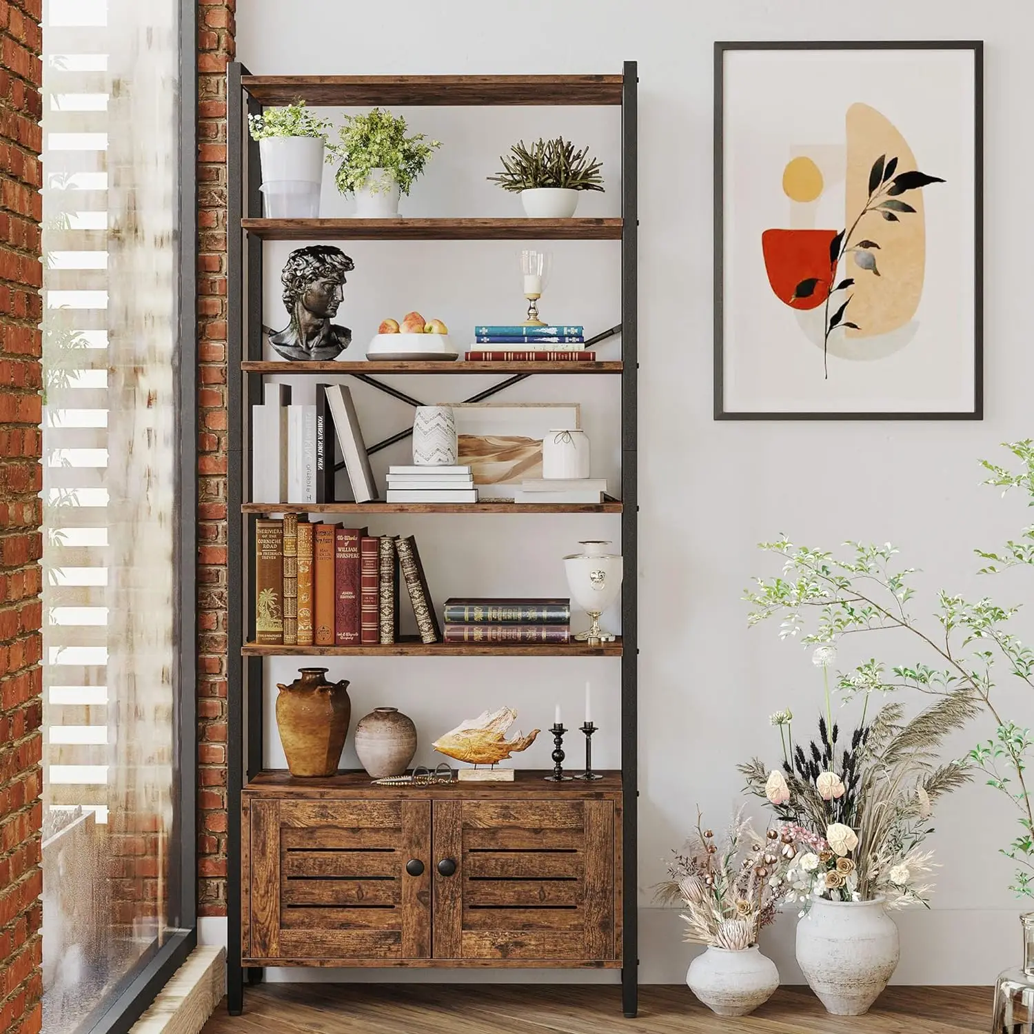 IRONCK Industrial Bookshelf and Bookcase with 2 Louvered Doors and 5 Shelves, Standing Storage Cabinet,Vintage Brown