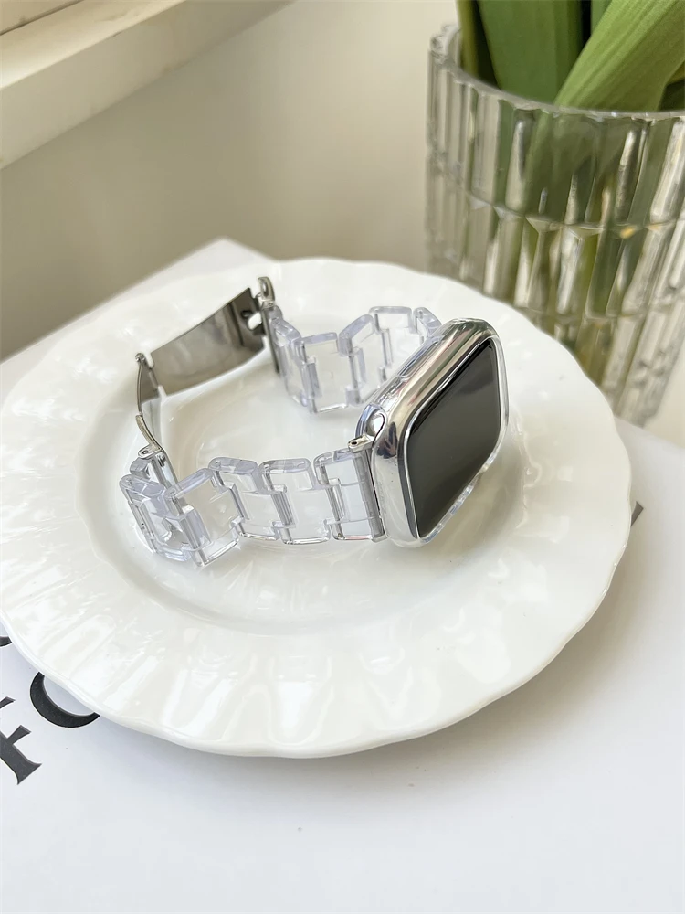 Koreańska plastikowa przezroczysta opaska z żywicy do Apple Watch Ultra 49mm 7 8 41 45mm 40 38mm 42 44mm dziewczęca bransoletka pasek do iWatch 6 SE 5 4 3