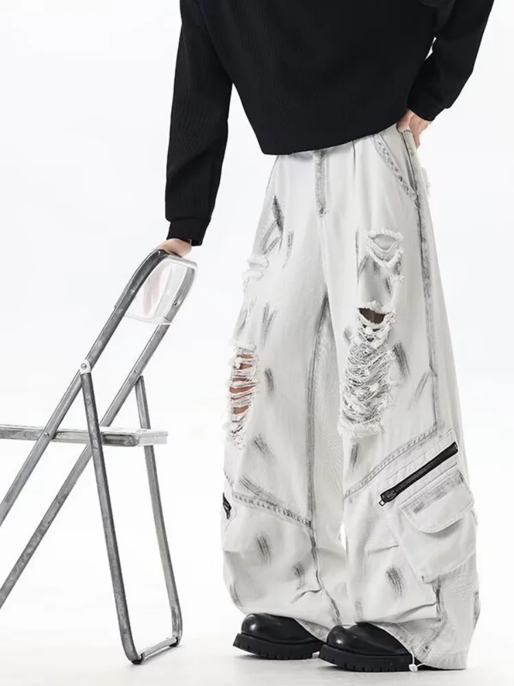 2026 White Graffiti Ripped Patch Jeans West Coast American Style High Street Vibe Deconstructed Straight Wide Leg Denim Trousers
