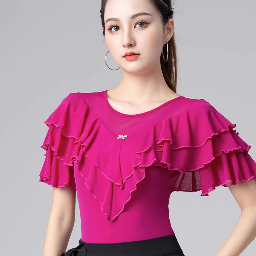 Latin Ruffled Women's Short-Sleeved Rose Red Jacket Round Neck Black Stage Ballroom Dance Dress Shirt